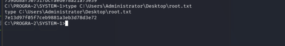 root.txt flag: 7e13d97f05f7ceb9881a3eb3d78d3e72
